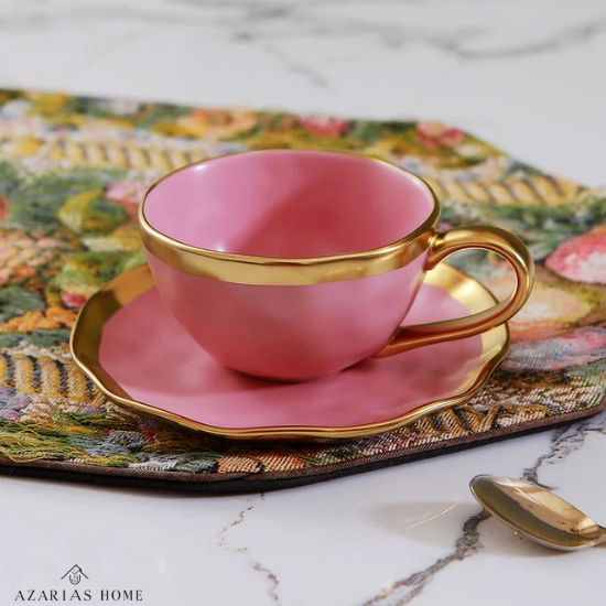 Conjunto Xícara de Chá Dubai em Porcelana Vitrificada com Alça e Borda Dourada – 50ml