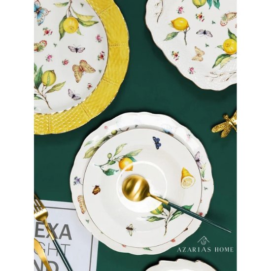 Louças de Porcelana Estilo Europeu com Estampa de Limões – Conjuntos de Pratos, Xícaras e Chá (Uso no Micro-ondas)