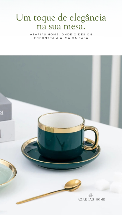 Caneca com  conjunto  de Pires em Cerâmica e Alça Dourada – Design Contemporâneo