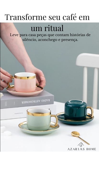Caneca com  conjunto  de Pires em Cerâmica e Alça Dourada – Design Contemporâneo