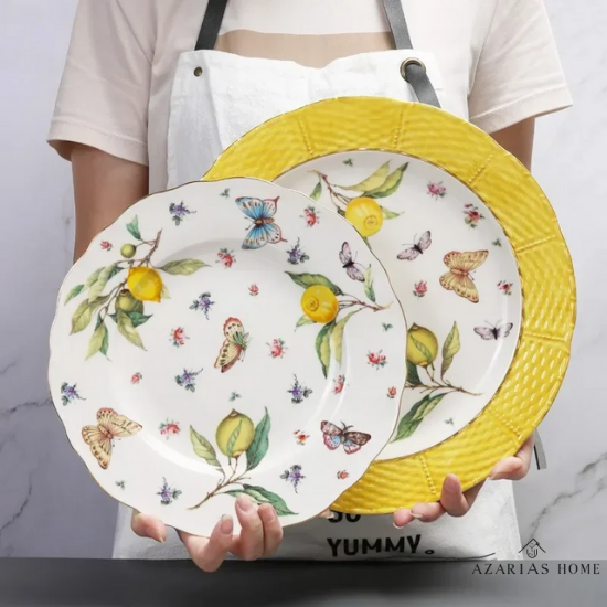 Louças de Porcelana Estilo Europeu com Estampa de Limões – Conjuntos de Pratos, Xícaras e Chá (Uso no Micro-ondas)
