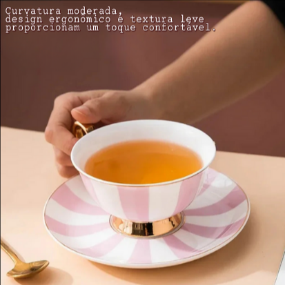 Conjunto Xícara com Pires de Porcelana Dubai – Estampa Listrada ou de Poá com Alça Dourada (50ml)