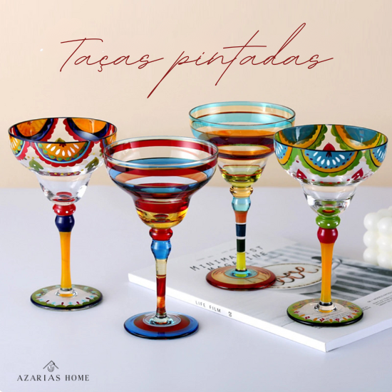 Taça Margarita Pintada à Mão – Cristal Colorido para Coquetéis Criativos e Decoração Festiva