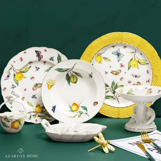 Louças de Porcelana Estilo Europeu com Estampa de Limões – Conjuntos de Pratos, Xícaras e Chá (Uso no Micro-ondas)