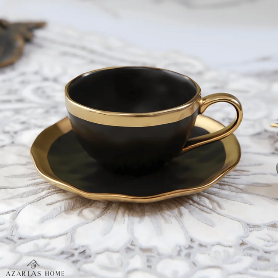 Conjunto Xícara de Chá Dubai em Porcelana Vitrificada com Alça e Borda Dourada – 50ml