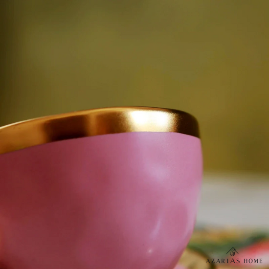 Conjunto Xícara de Chá Dubai em Porcelana Vitrificada com Alça e Borda Dourada – 50ml