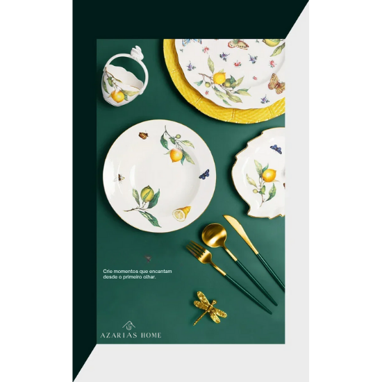 Louças de Porcelana Estilo Europeu com Estampa de Limões – Conjuntos de Pratos, Xícaras e Chá (Uso no Micro-ondas)