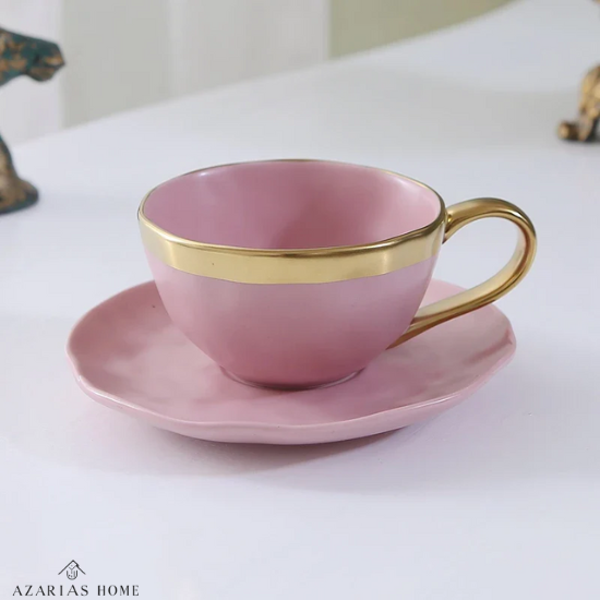 Conjunto Xícara de Chá Dubai em Porcelana Vitrificada com Alça e Borda Dourada – 50ml