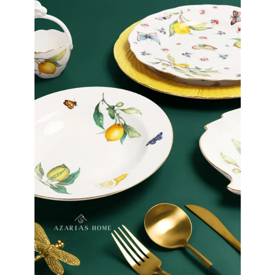 Louças de Porcelana Estilo Europeu com Estampa de Limões – Conjuntos de Pratos, Xícaras e Chá (Uso no Micro-ondas)