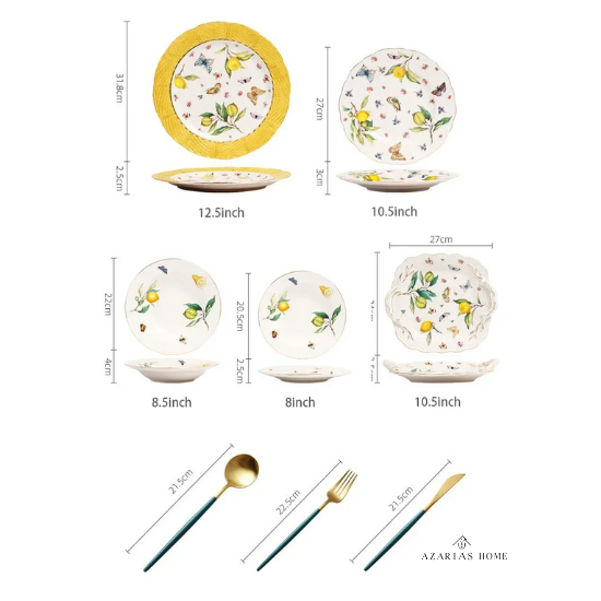 Louças de Porcelana Estilo Europeu com Estampa de Limões – Conjuntos de Pratos, Xícaras e Chá (Uso no Micro-ondas)