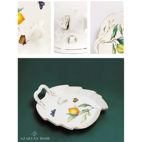 Louças de Porcelana Estilo Europeu com Estampa de Limões – Conjuntos de Pratos, Xícaras e Chá (Uso no Micro-ondas)