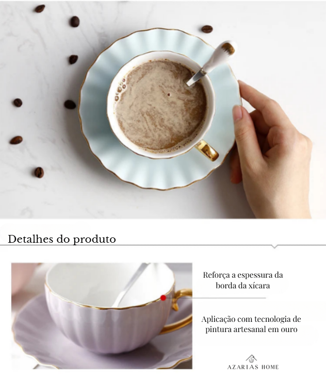 Xícara com Pires em Cerâmica Vitrificada – Cores Pastel com Alça Dourada e Design Texturizado