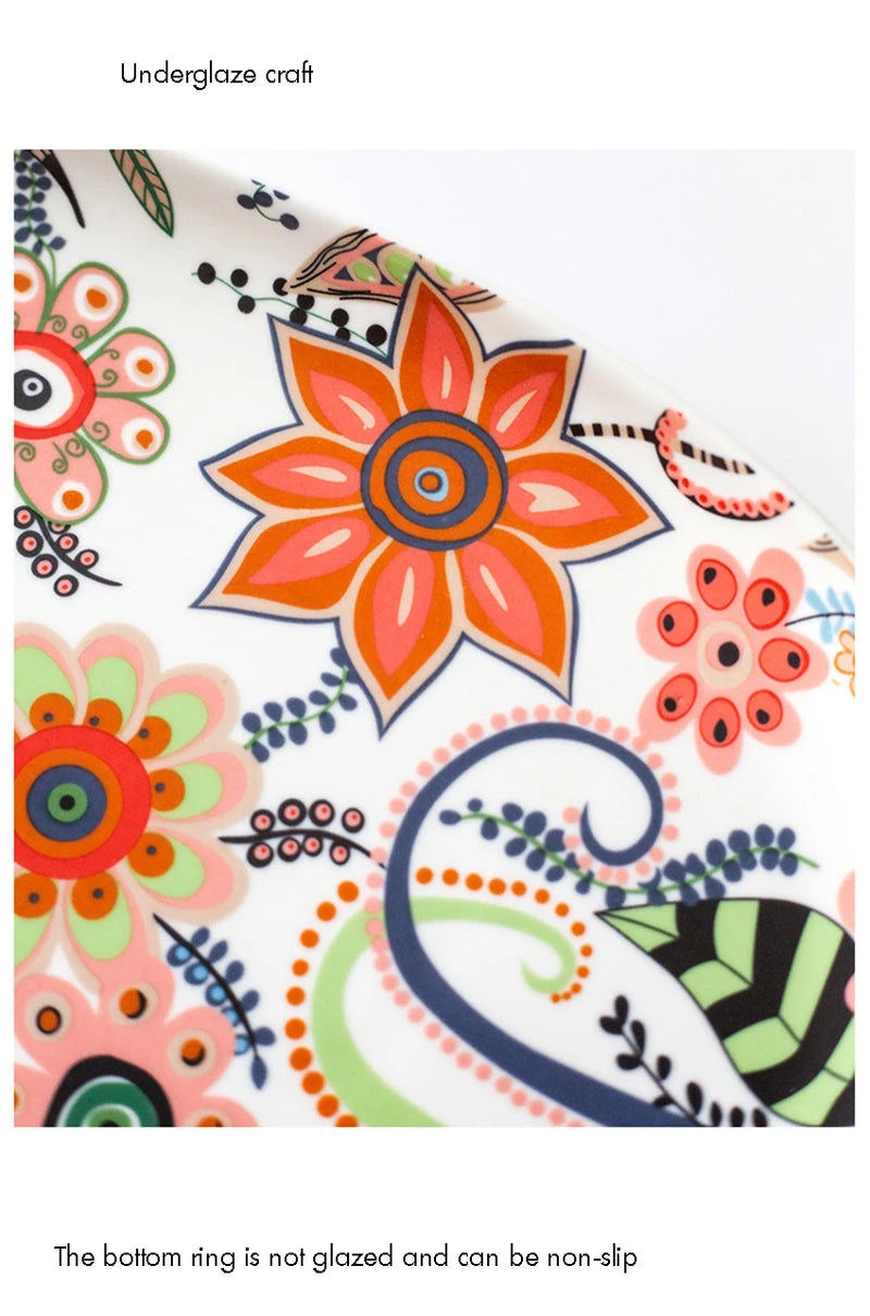 Prato de Servir em Cerâmica Oval com Alça – Estampa Floral Colorida