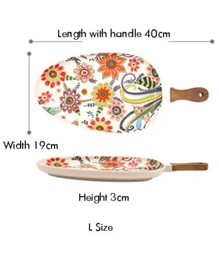 Prato de Servir em Cerâmica Oval com Alça – Estampa Floral Colorida