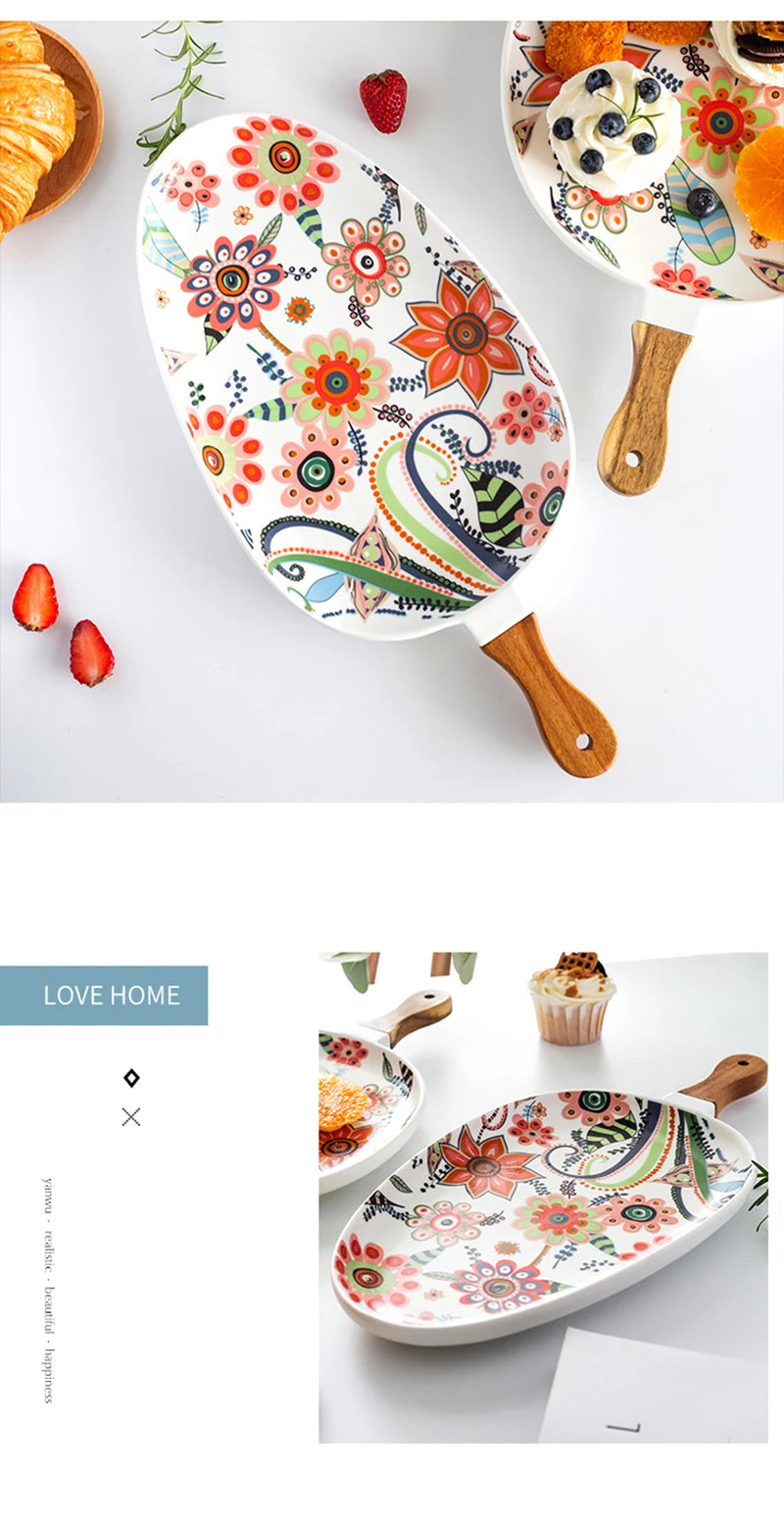 Prato de Servir em Cerâmica Oval com Alça – Estampa Floral Colorida