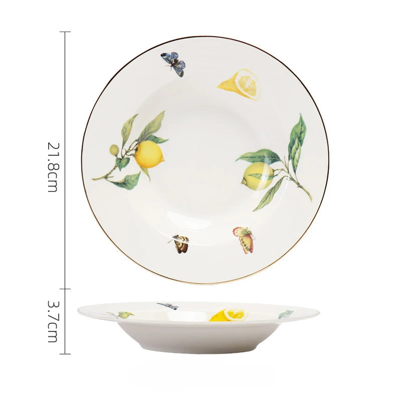 Louças de Porcelana Estilo Europeu com Estampa de Limões – Conjuntos de Pratos, Xícaras e Chá (Uso no Micro-ondas)