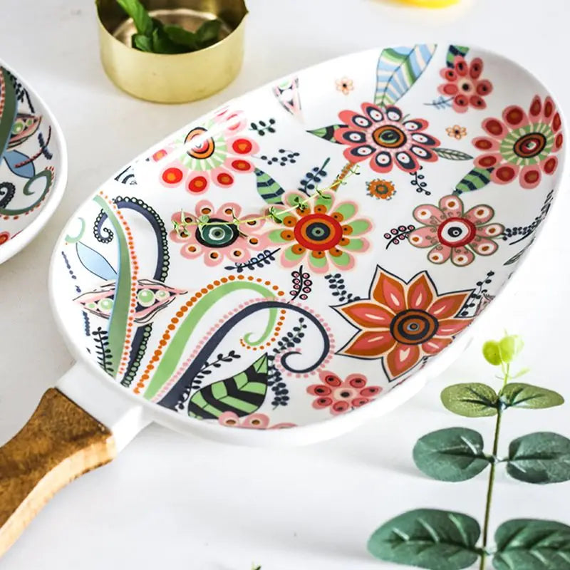 Prato de Servir em Cerâmica Oval com Alça – Estampa Floral Colorida