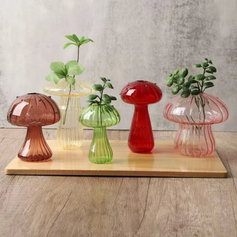 Vaso de Vidro em Formato de Cogumelo – Criativo, Transparente e Ideal para Flores ou Aromas