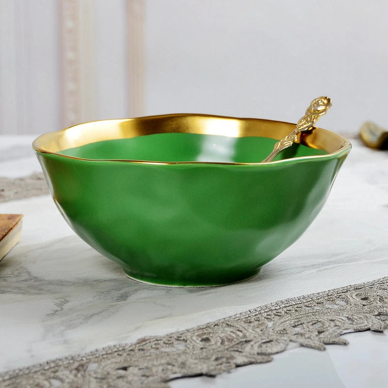 Tigela de Cerâmica Verde com Borda Dourada – 15cm, Acabamento Vitrificado e Design Elegante