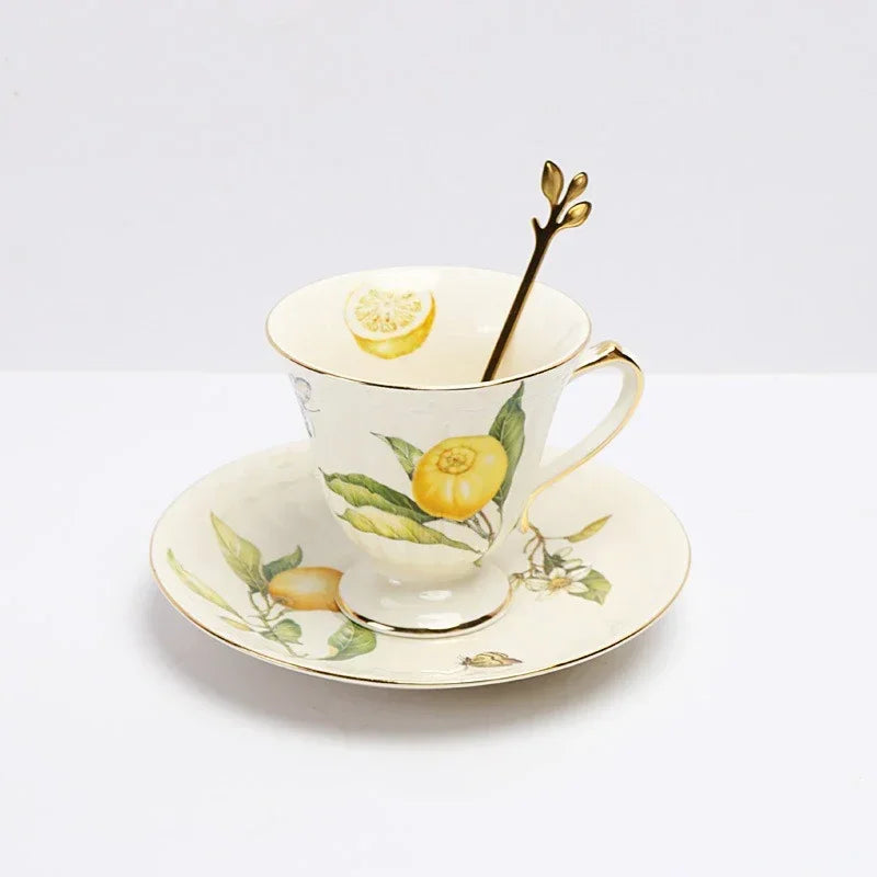 Louças de Porcelana Estilo Europeu com Estampa de Limões – Conjuntos de Pratos, Xícaras e Chá (Uso no Micro-ondas)