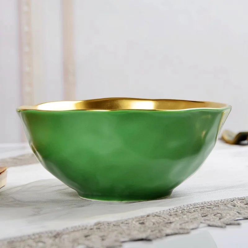 Tigela de Cerâmica Verde com Borda Dourada – 15cm, Acabamento Vitrificado e Design Elegante
