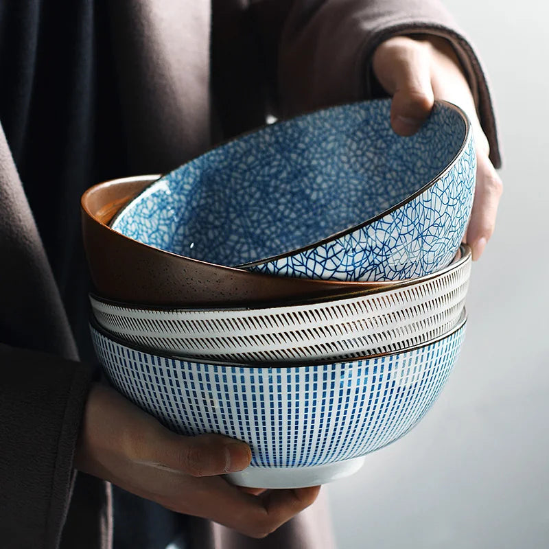 Tigela Japonesa de Cerâmica – Azul Texturizado com Listras, 1,4L