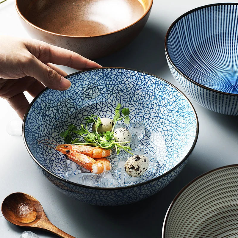Tigela Japonesa de Cerâmica – Azul Texturizado com Listras, 1,4L