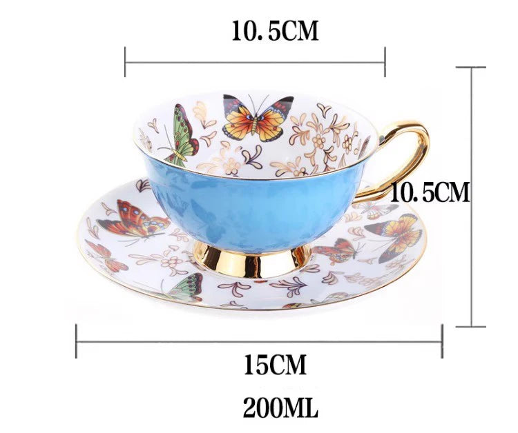 Xícara com Pires Jardineira em Porcelana Fina – Estampa de Borboletas Coloridas (220ml)