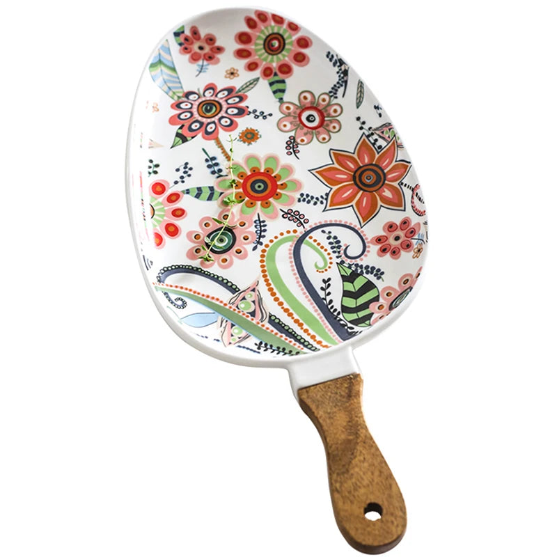 Prato de Servir em Cerâmica Oval com Alça – Estampa Floral Colorida