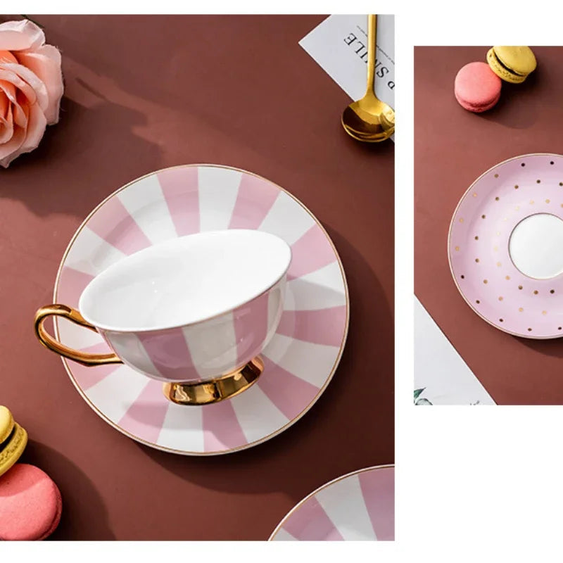 Conjunto Xícara com Pires de Porcelana Dubai – Estampa Listrada ou de Poá com Alça Dourada (50ml)