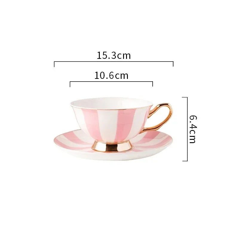 Conjunto Xícara com Pires de Porcelana Dubai – Estampa Listrada ou de Poá com Alça Dourada (50ml)