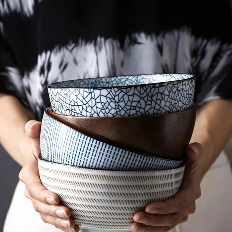 Tigela de Cerâmica Vitrificada – 15,5 cm, Estilo Japonês Texturizado