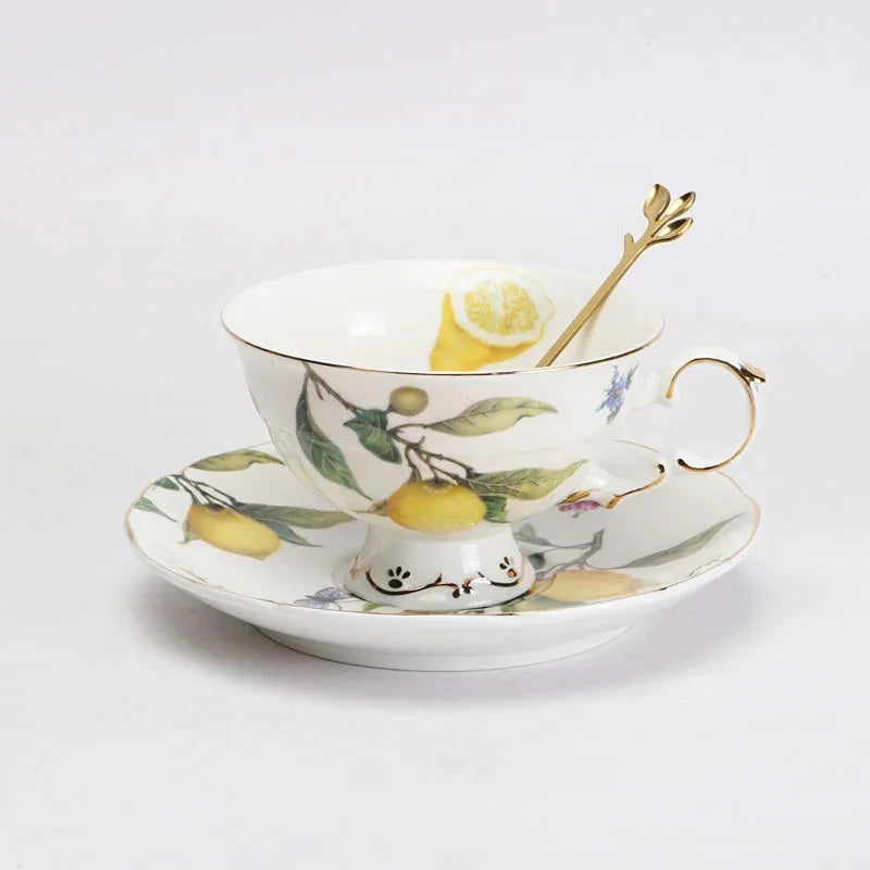 Louças de Porcelana Estilo Europeu com Estampa de Limões – Conjuntos de Pratos, Xícaras e Chá (Uso no Micro-ondas)