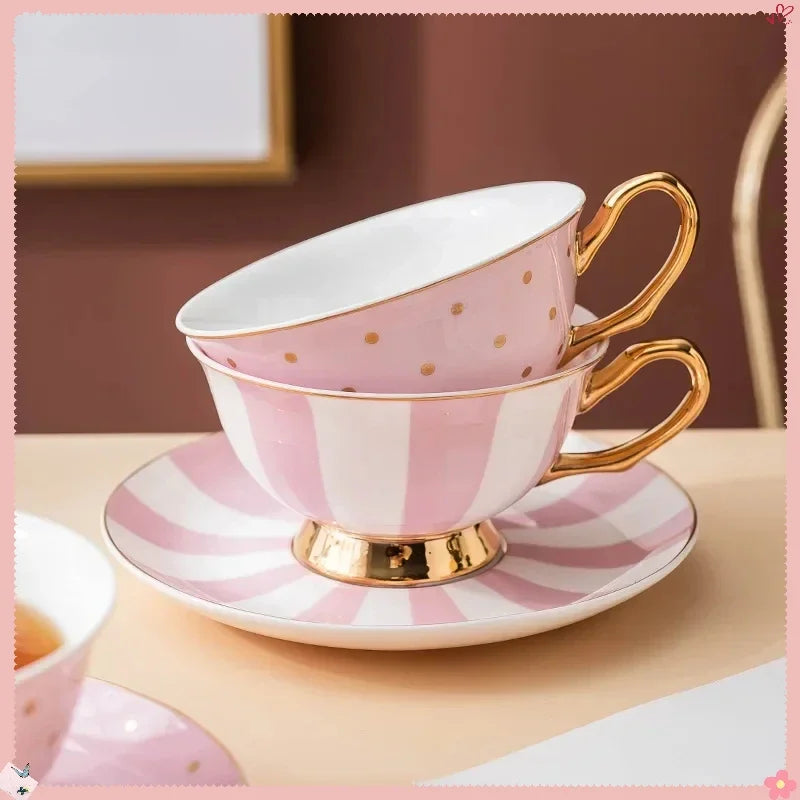 Conjunto Xícara com Pires de Porcelana Dubai – Estampa Listrada ou de Poá com Alça Dourada (50ml)
