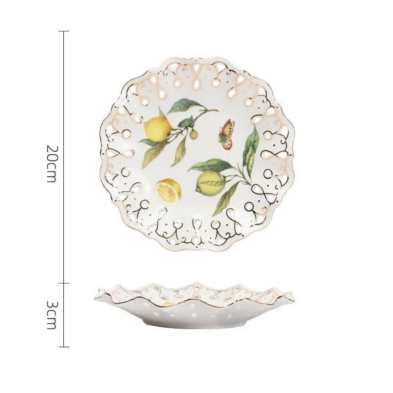 Louças de Porcelana Estilo Europeu com Estampa de Limões – Conjuntos de Pratos, Xícaras e Chá (Uso no Micro-ondas)