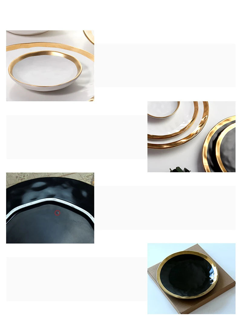 Louças de Cerâmica com Borda Dourada – Coleção B&W com Pratos, Tigelas e Bandejas