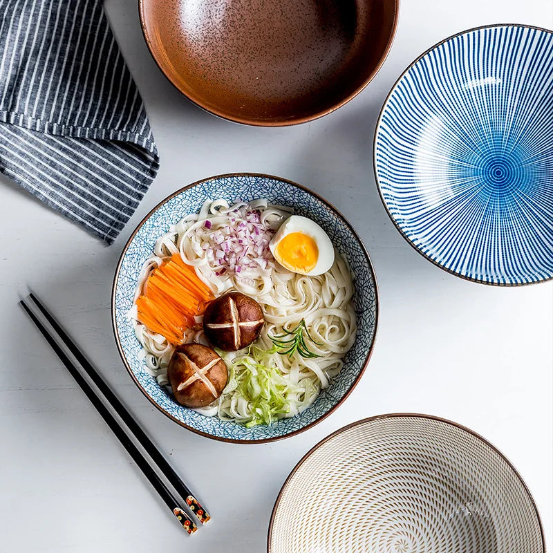 Tigela Japonesa de Cerâmica – Azul Texturizado com Listras, 1,4L