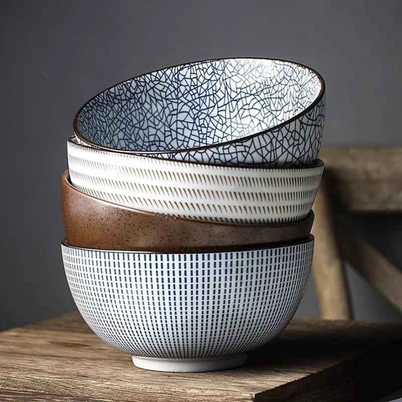 Tigela de Cerâmica Vitrificada – 15,5 cm, Estilo Japonês Texturizado