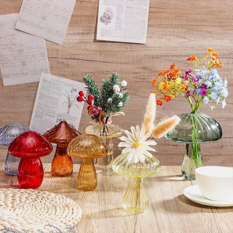 Vaso de Vidro em Formato de Cogumelo – Criativo, Transparente e Ideal para Flores ou Aromas