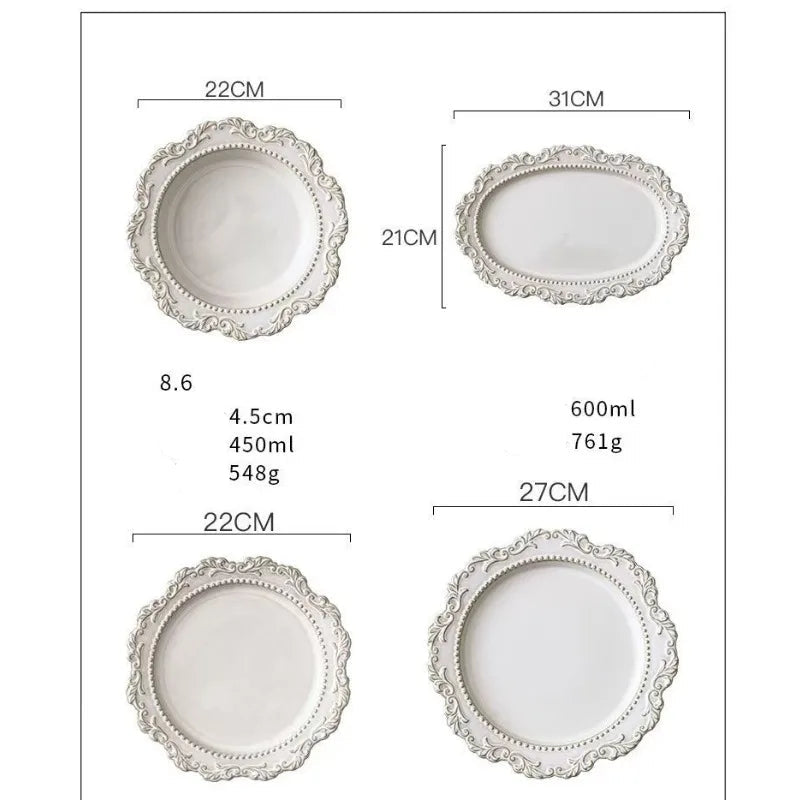 Louças Ornamentadas em Cerâmica com Relevo Clássico – Pratos, Canecas e Conjunto de Café Elegante