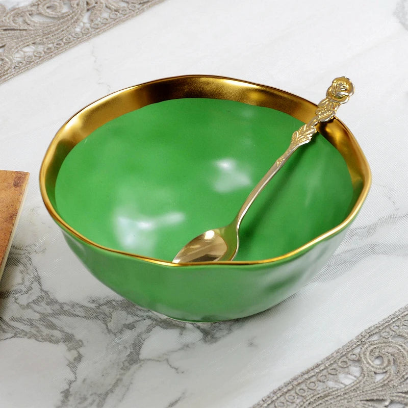 Tigela de Cerâmica Verde com Borda Dourada – 15cm, Acabamento Vitrificado e Design Elegante