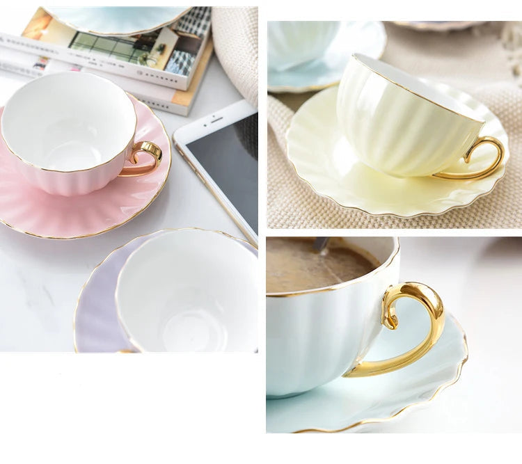Xícara com Pires em Cerâmica Vitrificada – Cores Pastel com Alça Dourada e Design Texturizado