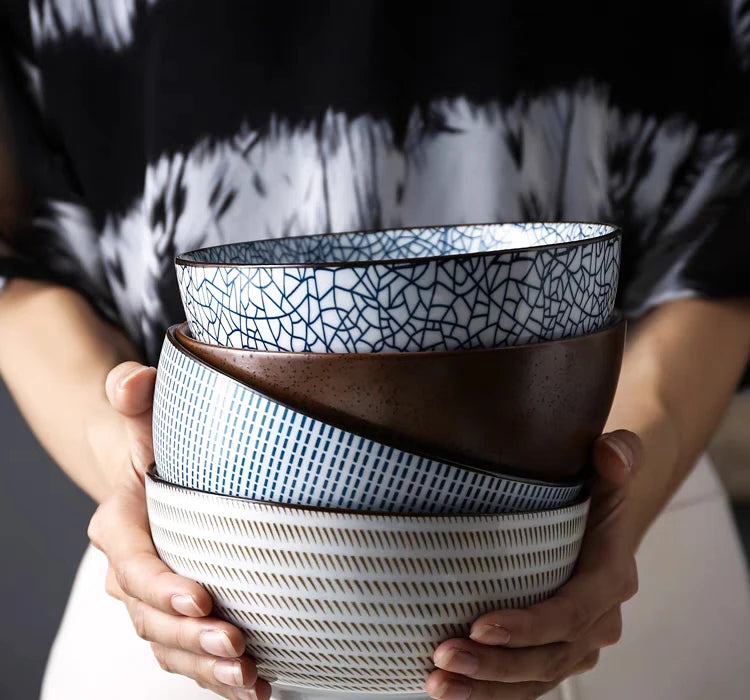 Tigela de Cerâmica Vitrificada – 15,5 cm, Estilo Japonês Texturizado