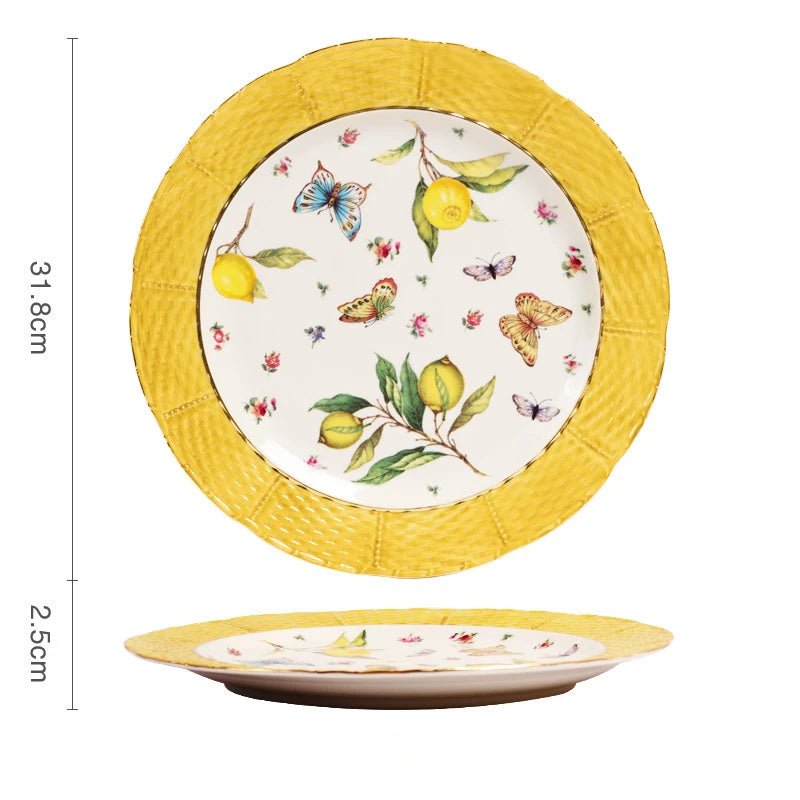 Louças de Porcelana Estilo Europeu com Estampa de Limões – Conjuntos de Pratos, Xícaras e Chá (Uso no Micro-ondas)