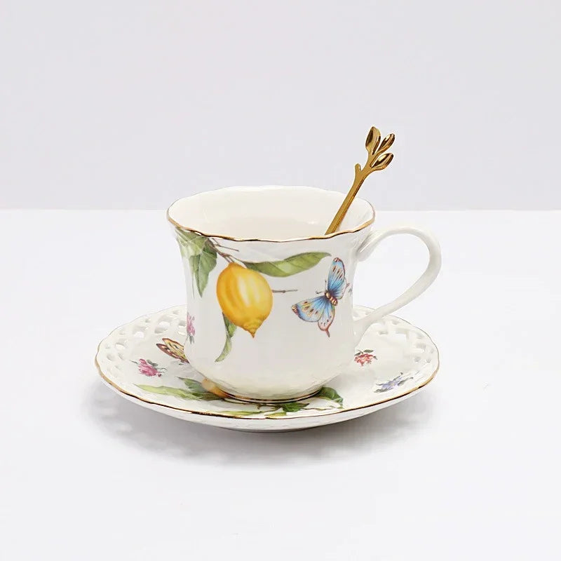 Louças de Porcelana Estilo Europeu com Estampa de Limões – Conjuntos de Pratos, Xícaras e Chá (Uso no Micro-ondas)