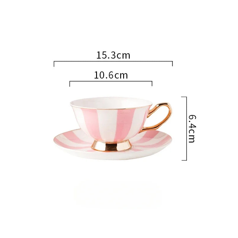 Conjunto Xícara com Pires de Porcelana Dubai – Estampa Listrada ou de Poá com Alça Dourada (50ml)