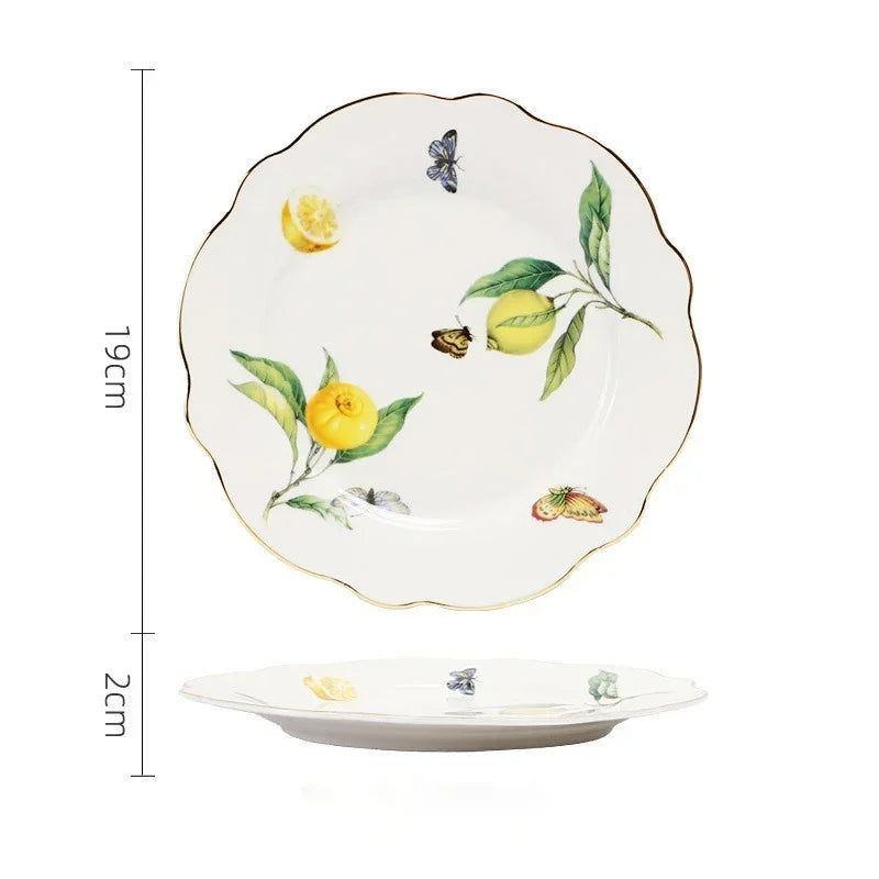 Louças de Porcelana Estilo Europeu com Estampa de Limões – Conjuntos de Pratos, Xícaras e Chá (Uso no Micro-ondas)