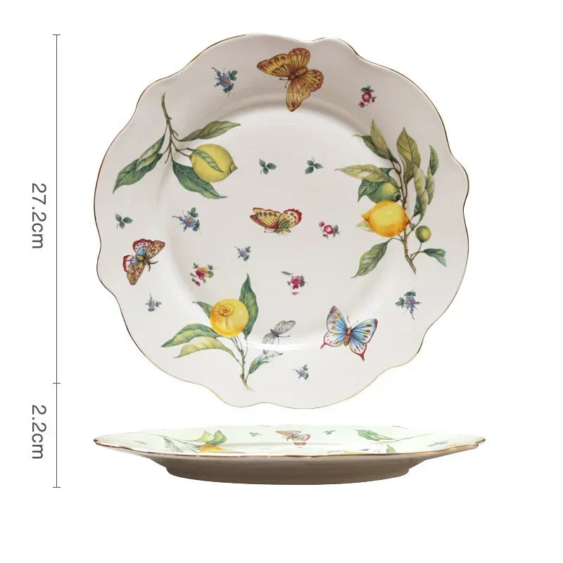 Louças de Porcelana Estilo Europeu com Estampa de Limões – Conjuntos de Pratos, Xícaras e Chá (Uso no Micro-ondas)