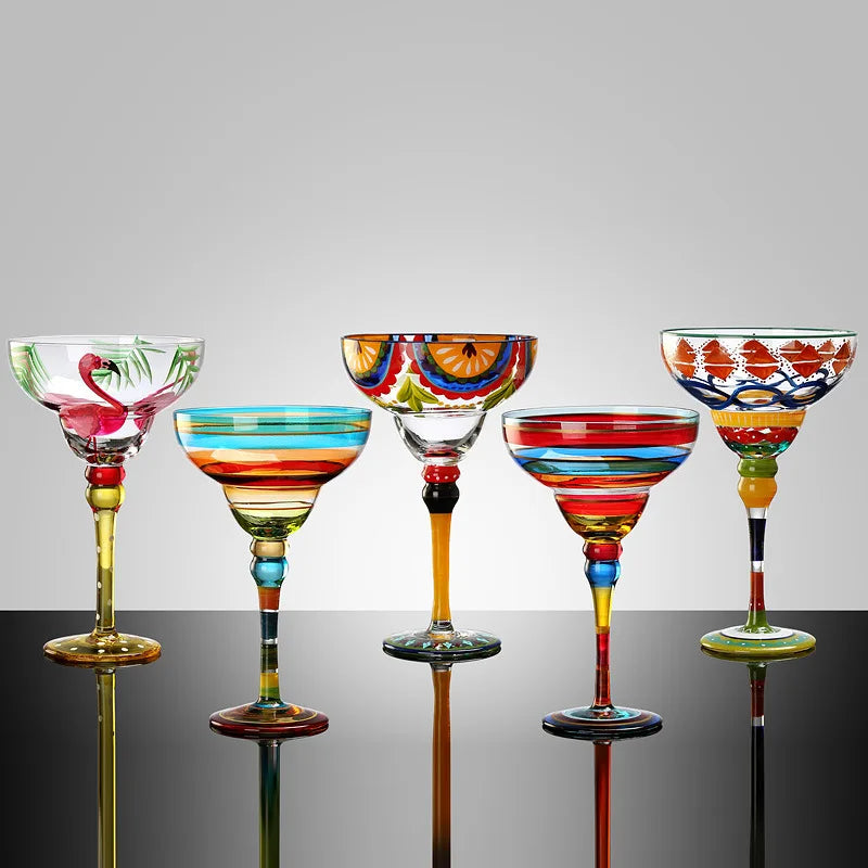Taça Margarita Pintada à Mão – Cristal Colorido para Coquetéis Criativos e Decoração Festiva